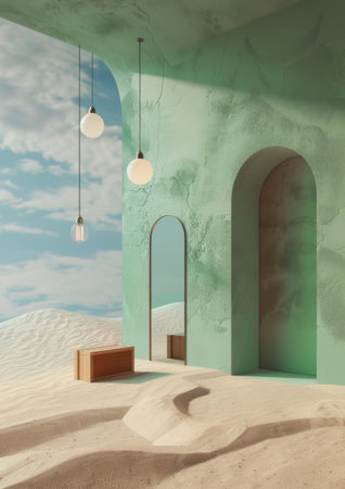 A realistic painting depicting a desert landscape under a vast sky. The scene includes sandy dunes, sparse vegetation, and a clear blue sky.の素材