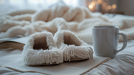 A pair of slippers are placed on top of an open book.の素材