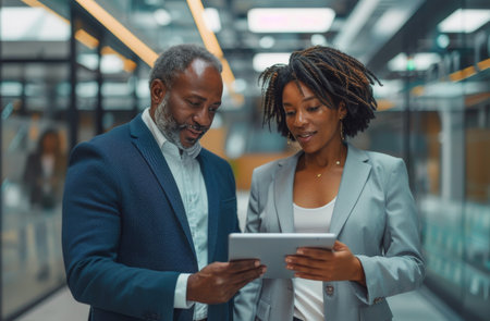 A couple of individuals are attentively looking at a tablet screen, engaging with the digital device.の素材