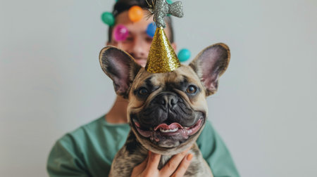 A small dog joyfully wears a shiny gold party hat, adding a festive touch to the scene.の素材