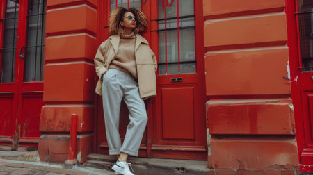 A woman stands in front of a vibrant red building, appearing contemplative and framed by the striking architectural backdrop.の素材