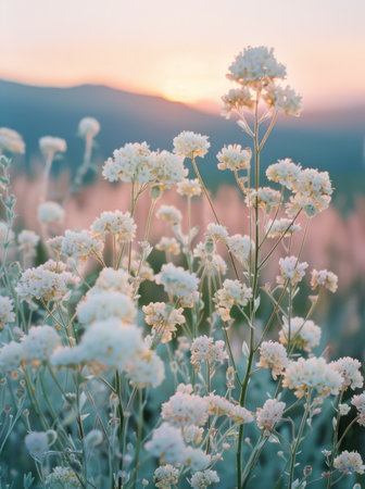 A field filled with white flowers under a vibrant sunset sky, creating a beautiful and serene scene.の素材