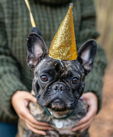 A small dog happily wears a gold party hat, looking festive and ready to celebrate.の素材