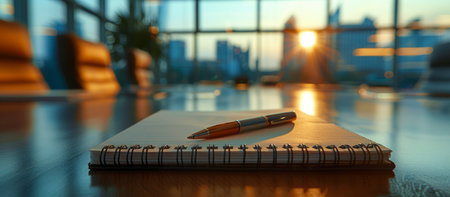 A pen placed on top of a wooden table, casting a shadow in natural light.の素材