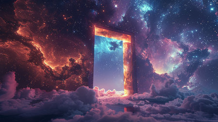 An open door suspended in a sky filled with clouds, creating a surreal and mysterious scene.の素材