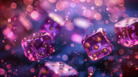 Several dices of various colors and numbers suspended in mid-air.の素材