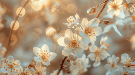 Detailed view of white flowers blooming on a branch, showcasing delicate petals and green leaves in sharp focus.の素材