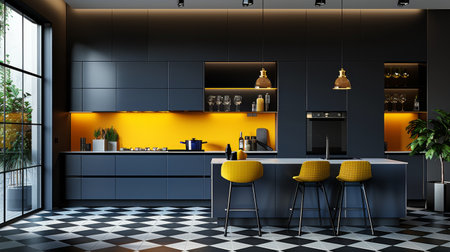 A kitchen featuring black and yellow cabinetry with a classic checkered floor design.の素材