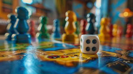 A close up view of a single dice placed on a board game, showing the numbers on its faces.の素材