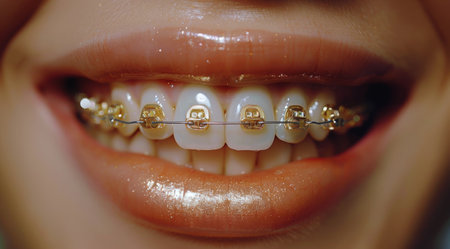 Close up view of a persons teeth with visible metal braces for orthodontic treatment.の素材