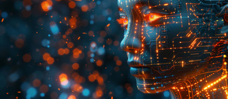 A robot with glowing eyes stands in a futuristic environment, exuding a sense of advanced technology and innovation.の素材