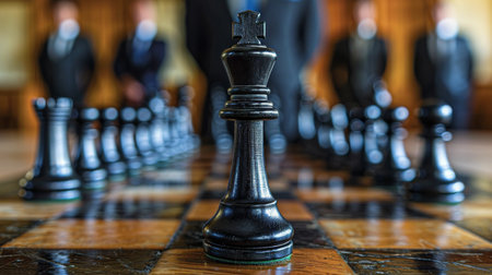 A man in a suit stands behind a chess board, strategizing his next move.の素材