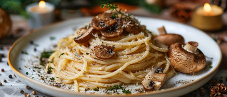 A white plate filled with spaghetti covered in a savory mushroom sauce.の素材