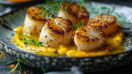 A plate filled with sea scallops covered in a vibrant yellow sauce.の素材