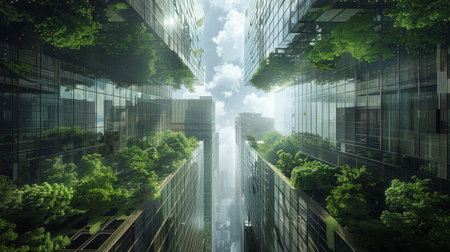A tall building with numerous plants growing on its windows, creating a green facade in an urban environment.の素材