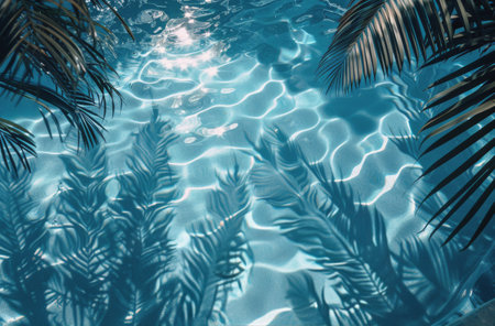 A pool filled with water surrounded by palm trees on a sunny day.の素材