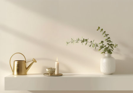 A ceramic vase with a green plant and a lit candle sit on a wooden shelf. The plants leaves are lush, and the candle casts a warm glow. The setting is simple yet cozy, bringing nature indoors.の素材