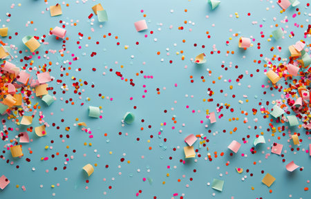 Bright and colorful confetti scattered on a vibrant blue background, creating a festive and joyous atmosphere.の素材