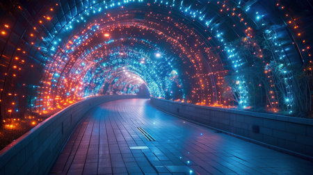 A car drives down a road illuminated by twinkling Christmas lights, creating a festive and dazzling display.の素材
