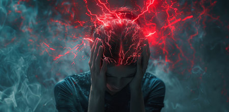 A man sitting with his head buried in his hands, showing signs of distress or overwhelm.の素材