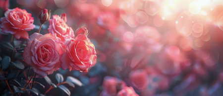 A cluster of pink roses in full bloom, showing vibrant petals and delicate green stems.の素材