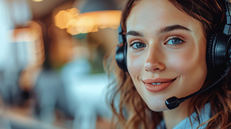 A woman wearing a headset multitasking by talking on a cell phone.の素材