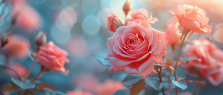 A group of bright pink roses bloom abundantly in a lush field, showing the beauty of nature in full bloom.の素材