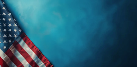 Detailed view of an American flag against a blue backdrop.の素材