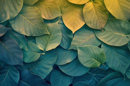 A detailed view of a cluster of green leaves, showing intricate patterns and textures.の素材