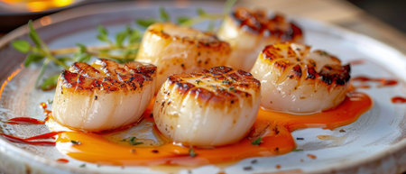 A white plate filled with succulent scallops covered in a rich sauce, ready to be enjoyed.の素材
