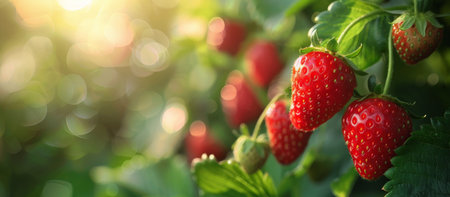 Detailed view of ripe strawberries clustered on the branches of a tree, ready for harvest.の素材