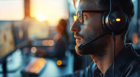 A person focused on a computer screen while wearing headphones.の素材