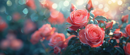 A cluster of pink roses in full bloom, showing vibrant petals and delicate green stems.の素材