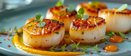 A white plate filled with succulent scallops covered in a rich sauce, ready to be enjoyed.の素材
