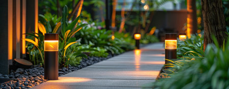 A path lined with vibrant plants and illuminated by lights, creating a warm and inviting atmosphere.の素材