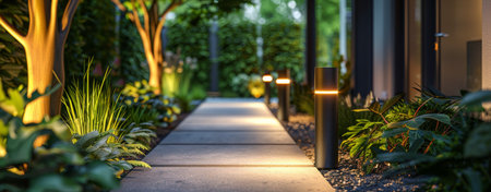 A path lined with vibrant plants and illuminated by lights, creating a warm and inviting atmosphere.の素材