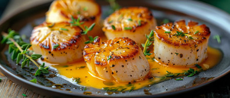 A plate of freshly cooked scallops displayed on a wooden table.の素材