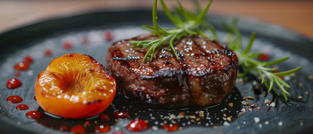 A piece of meat and a tomato arranged on a white plate.の素材