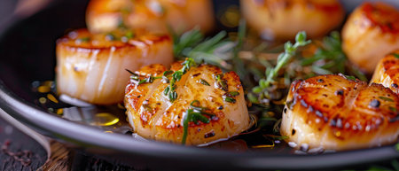 A plate of freshly cooked scallops displayed on a wooden table.の素材