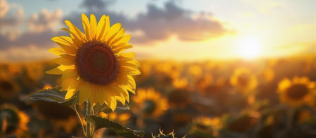 A single, prominent sunflower towering over a vast field of sunflowers.の素材