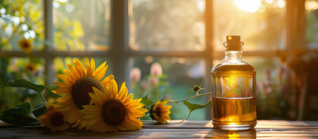 A bottle of sunflower oil is placed on a wooden table, ready for cooking or seasoning dishes.の素材