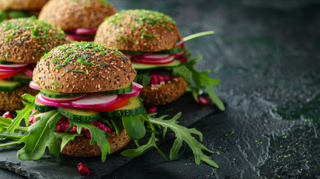 A variety of sandwiches neatly arranged on a wooden cutting board.の素材