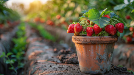 A clay pot sits on a table, overflowing with ripe, red strawberries.の素材