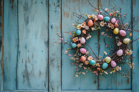 Rustic Easter Egg Wreath Hanging on Vintage Distressed Wooden Door.の素材
