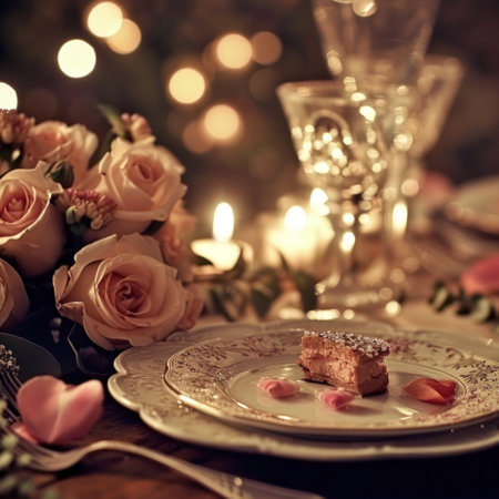 Candlelit Dinner with Roses, Hearts, and Soft Textures.の素材