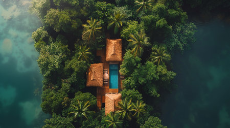 The aerial view shows a house nestled in the dense forest, with trees towering around it. The green canopy of the forest covers the area, creating a secluded and sheltered environment for the house.の素材