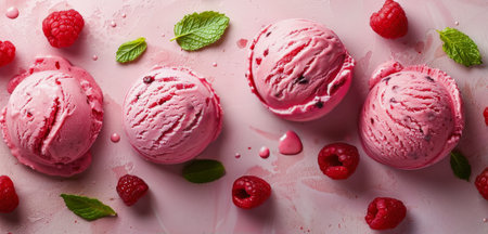 Three scoops of ice cream topped with fresh raspberries and mint leaves on a white plate.の素材