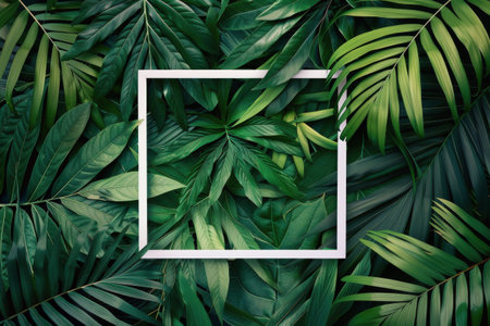 A square white frame is placed amidst vibrant green leaves, creating a captivating contrast between the man-made object and nature.の素材