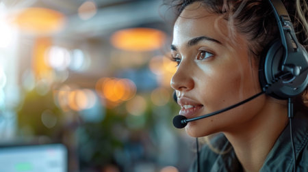 A woman wearing a headset multitasking by talking on a cell phone.の素材