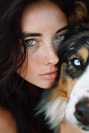 A woman with freckled hair and blue eyes embracing a dog in a heartwarming moment.の素材